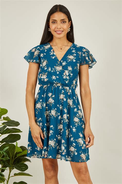 Mela Teal Floral Print Wrap Over Skater Dress Mela