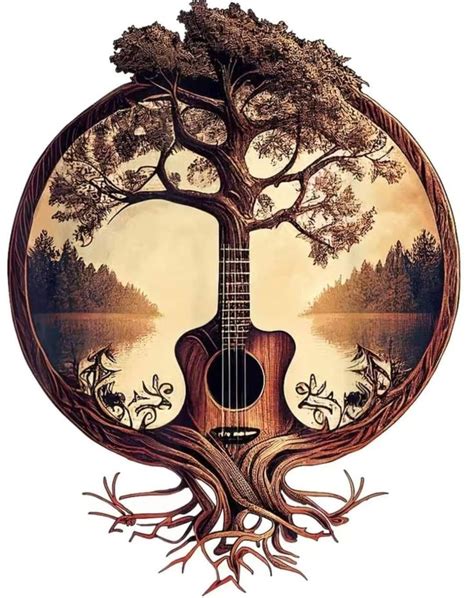 A Painting Of A Guitar Hanging From A Tree With Its Roots In The Shape