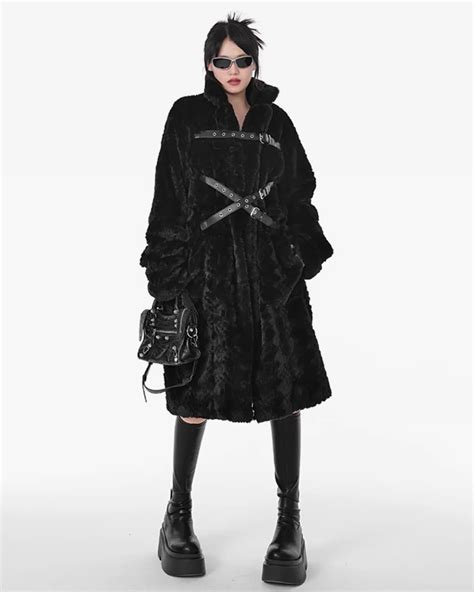 Long Black Faux Fur Coat Womens Yokai Clothing