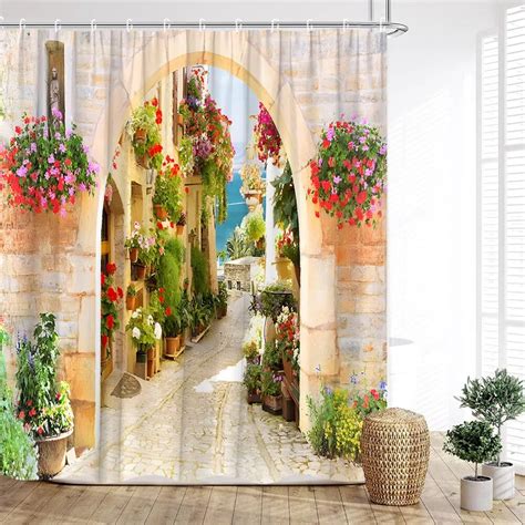 Scenic Shower Curtain Italy Europe City Street Garden Greenery Flower