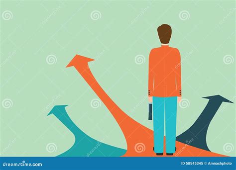 Businessman Standing On The Arrow With Many Directions Ways Stock