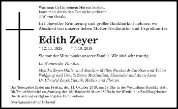 Traueranzeigen Von Edith Zeyer Saarbruecker Zeitung Trauer De