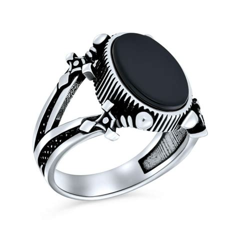 Mens Double Swords Shank Black Onyx Statement Oval Signet Ring Silver