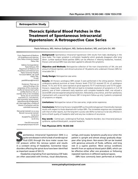 (PDF) Thoracic Epidural Blood Patches in the Treatment of Spontaneous Intracranial Hypotension ...