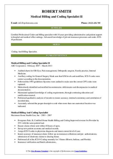 Medical Billing And Coding Specialist Resume Samples Templates