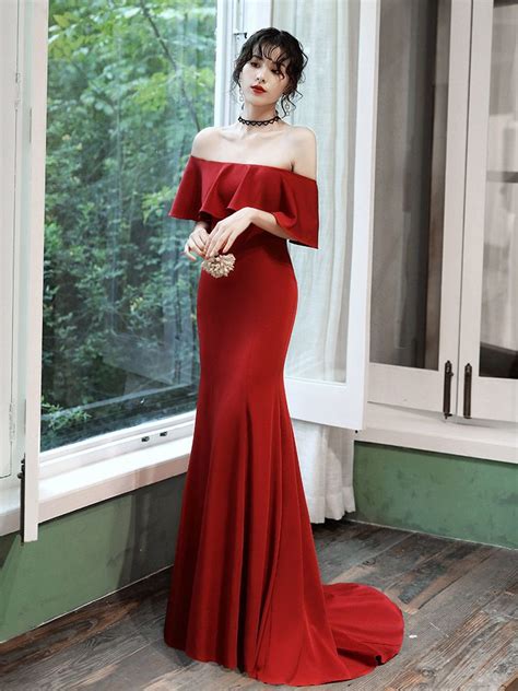 Red Off Shoulder Mermaid Long Evening Dress Red Long Formal Dress