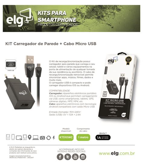 Kit Carregador De Parede ELG KT510WC Micro USB Elg TELEFONIA Dama