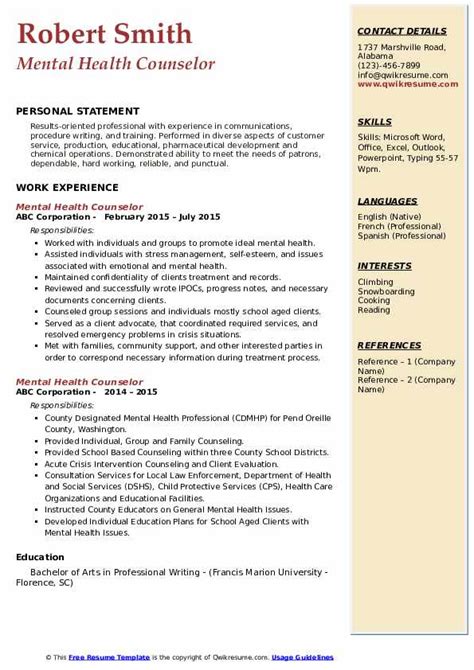 Mental Health Counselor Resume Samples Qwikresume