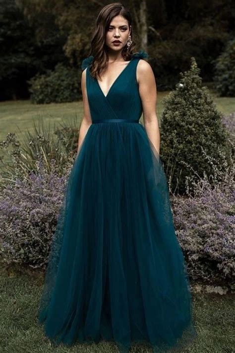 A Line V Neck And V Back Peacock Blue Long Prom Dress V Neck Open Back