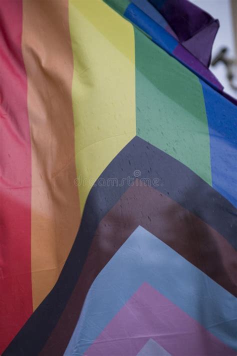 Close Up Rainbow Gay Pride Flag Outside On A Street Symbol Of The