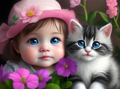 Premium AI Image | A little girl and a cat with flowers