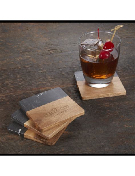 Black Marble And Wood Coaster Set