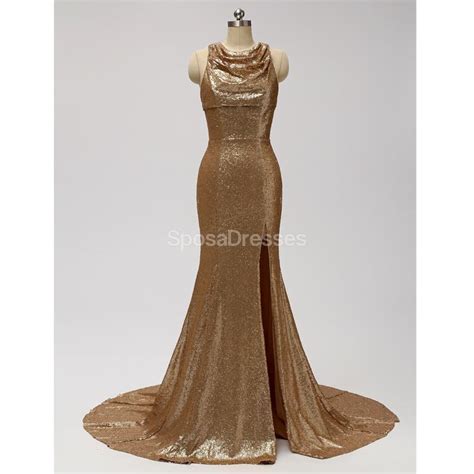 Gold Sequin See Through Halter Mermaid Long Bridesmaid Dresses Online