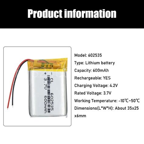 3 7V 600mAh 602535 Lithium Polymer Li Po Li Ion Rechargeable Battery