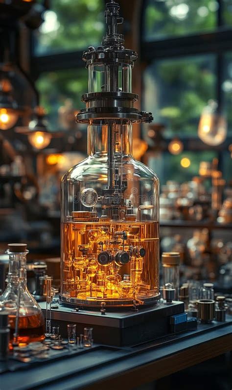 miniature glass laboratory setup  glowing liquid  bright daylight