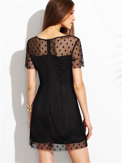 Black Polka Dot Mesh A Line Dress Sheinsheinside