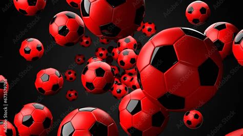 Many Red Soccer Balls On Black Background Loop Able 3d Animation For