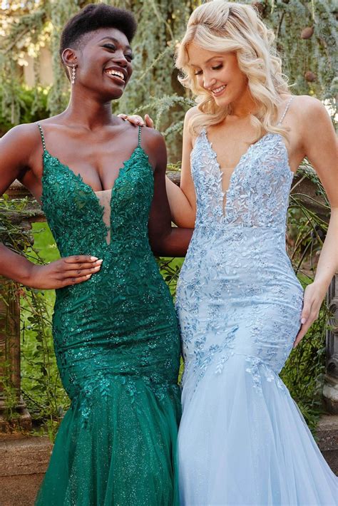 Emerald Jovani 07398 Embroidered Plunging Neckline Mermaid Long Prom
