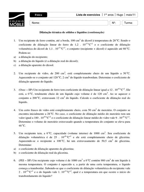 Lista De Exercícios Dilatação Térmica Pdf