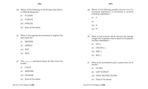 Meghalaya Board MBOSE Class 11 Question Paper For Computer Technique