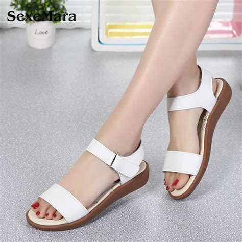 Sexemara Women Sandals Magic Buckle Summer Beach Sandals Genuine Leather Flip Flat Platform Bare