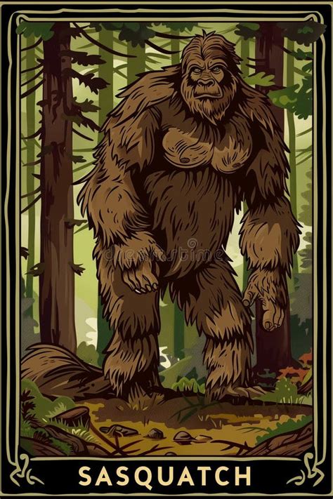 Bigfoot Poster Cryptid Art Sasquatch Card Illustration Stock