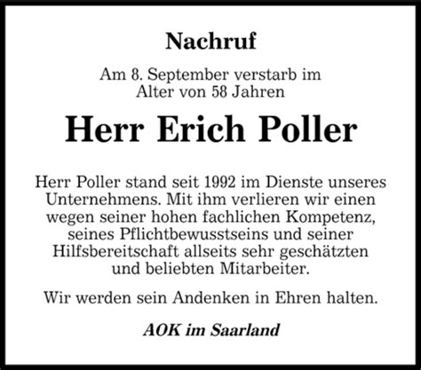 Traueranzeigen Von Erich Poller Saarbruecker Zeitung Trauer De