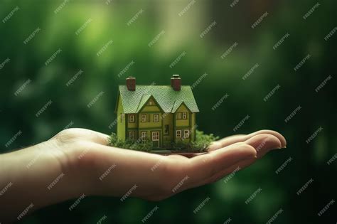 Premium Photo Hand Holding Miniature House On Green Background Real