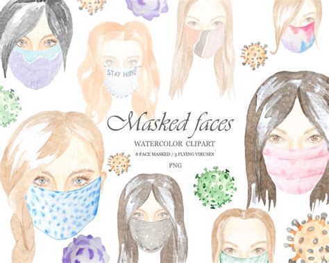 Face In Mask Watercolor Clipart Face Masks Clipart Be Safe Etsy