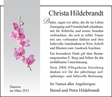 Traueranzeigen Von Christa Hildebrandt Trauer Anzeigen De