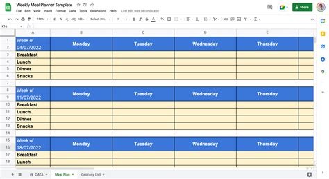 Google Sheets Meal Planner Template