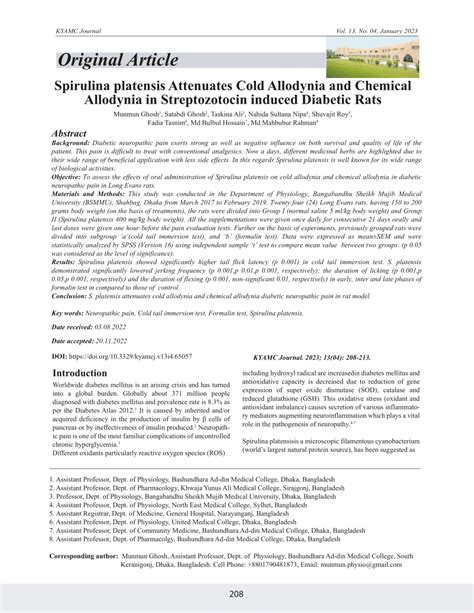 Pdf Spirulina Platensis Attenuates Cold Allodynia And Chemical