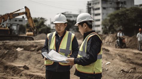 Two Construction Workers Looking At Plans And Chinese Construction Work