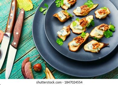 Dry Pearblue Cheese Walnut Appetizer On Stock Photo