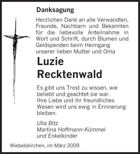 Traueranzeigen Von Luzie Recktenwald Saarbruecker Zeitung Trauer De