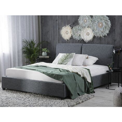 Cama Doble Tapizada Gris 160 X 200 Cm Con Somier Y Cabecero Belfort