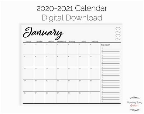 Printable Calendar 2020 2021 Digital Download Minimalist Letter Size