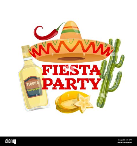 Fiesta Party Vector Icon With Traditional Mexican Sombrero Hat Tequila Glass Bottle Carambola