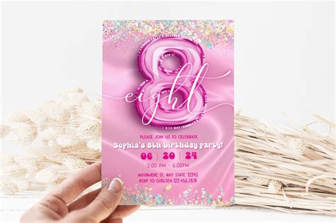 Editable 8th Birthday Invitation With Photo Glitter Foil Balloon