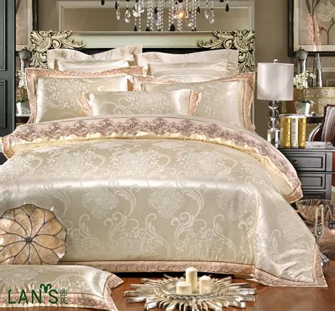 Luxury Champagne Jacquard Satin 4pcs Bedding Sets 2016 Fashion Lace