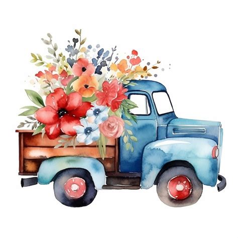 Premium Ai Image Vintage Truck With Flowers Watercolor Hand Drawn