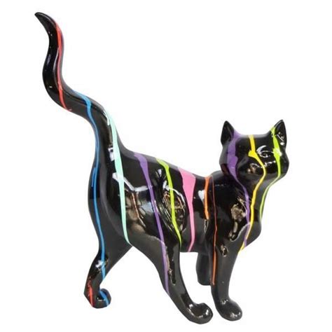 Statue Chat En R Sine Queue Droite Multicolore Fond Noir Cm H L