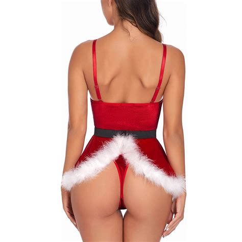 Womens Sexy Mrs Santa Claus Cosplay Costume Christmas Velvet Bodysuit