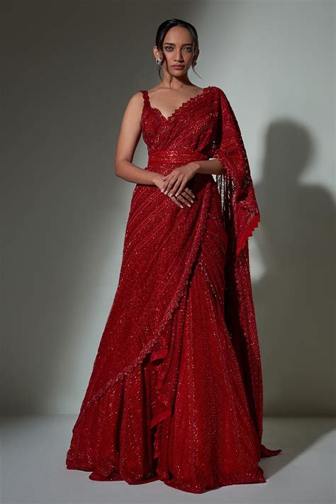 Buy Red Net Embroidery Bead Sweetheart Lehenga Saree With Strappy