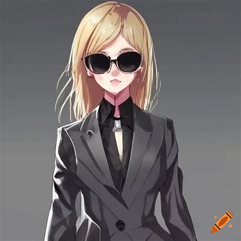 Blond Anime Girl In Black Suit With Sunglasses On Craiyon