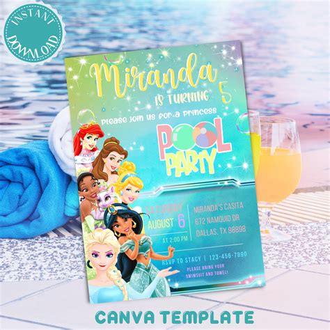 Princess Pool Party Birthday Invitation Pool Party Invite Etsy