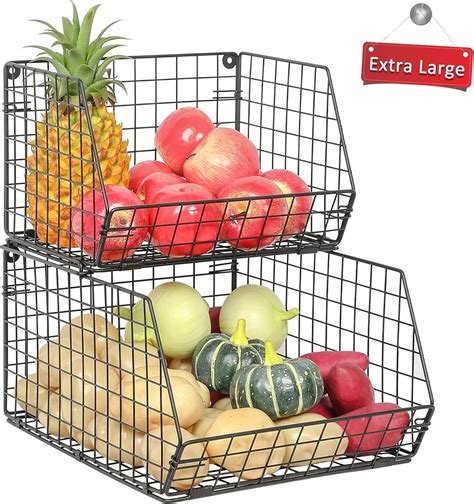 2 Tier XL Stackable Wire Baskets For Pantry Organization And Storage