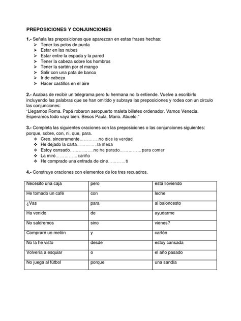 Preposiciones Y Conjunciones Ejerciciospdf