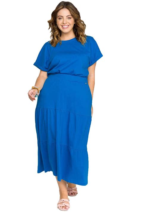 Conjunto Plus Size Blusa E Saia Azul Royal Vk Moda Plus Size