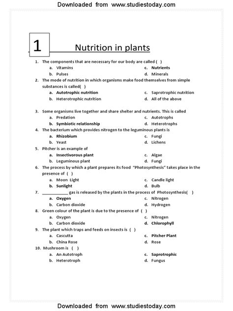 Cbse Class 7 Science Mcqs Nutrition In Plants Pdf